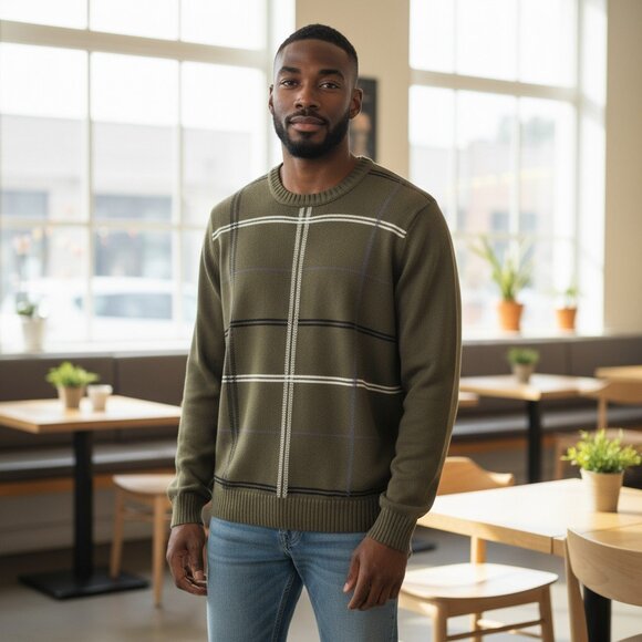 NEW DOCKERS SZ LT 100% Cotton Green Windowpane Pattern Knit Crewneck Sweater - Picture 1 of 7